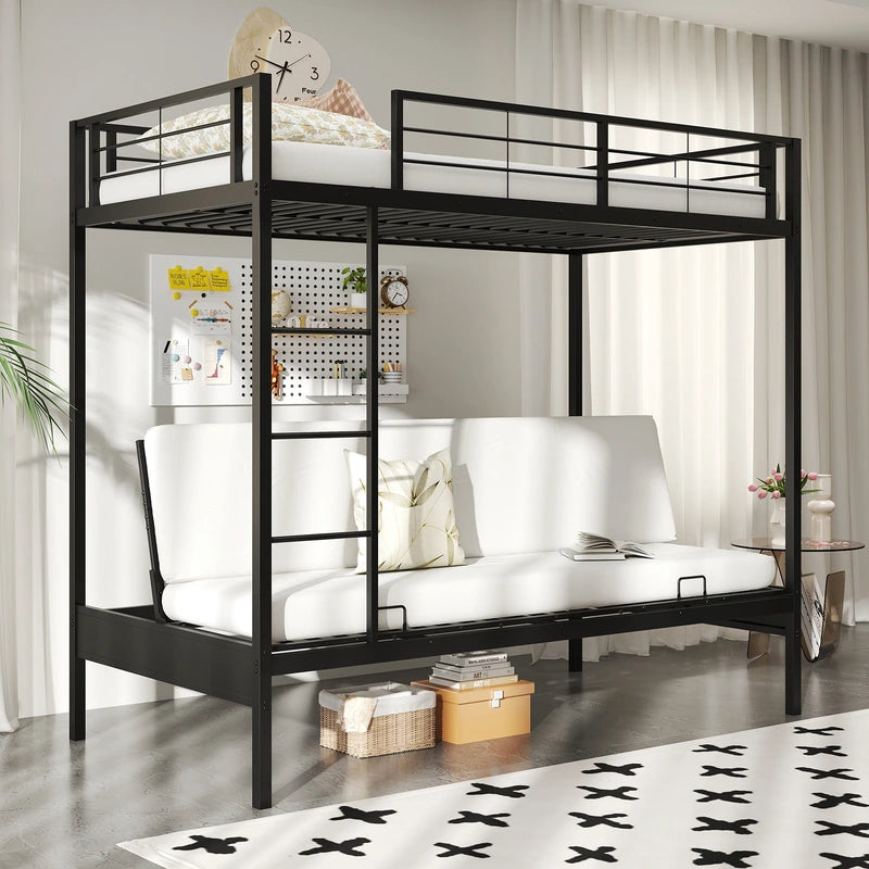 Single Over Futon Bunk Bed with Ladder and Safety Guardrails-Black-Single Size