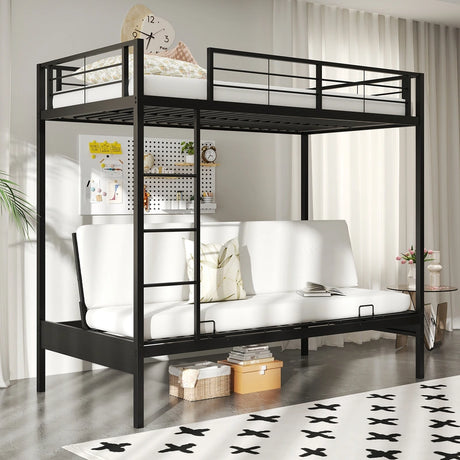 Single Over Futon Bunk Bed with Ladder and Safety Guardrails-Black-Single Size