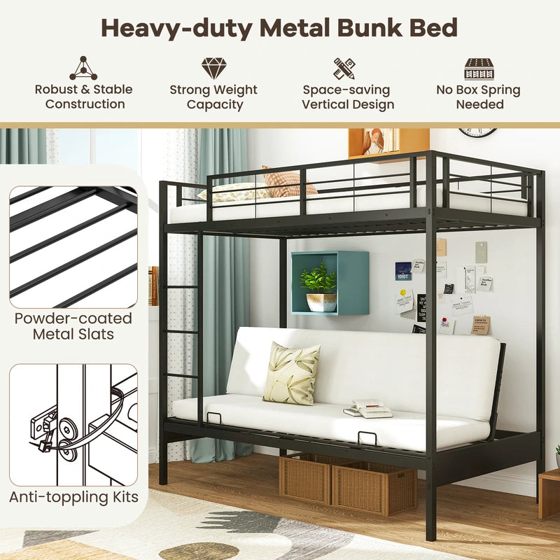 Single Over Futon Bunk Bed with Ladder and Safety Guardrails-Black-Single Size
