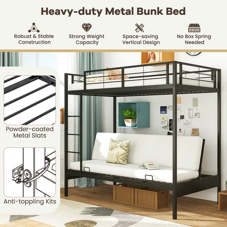 Single Over Futon Bunk Bed with Ladder and Safety Guardrails-Black-Single Size