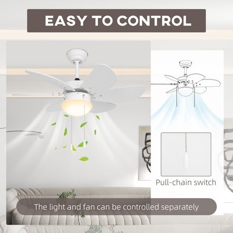 HOMCOM Ceiling Fan with LED Light, Flush Mount Ceiling Fan Lights with 6 Reversible Blades, Pull-chain Switch, White