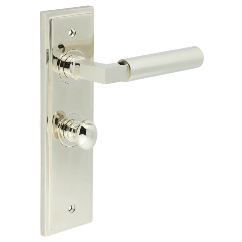 Westminster Door Handle Bathroom Backplate Polished Nickel & Turn & Release