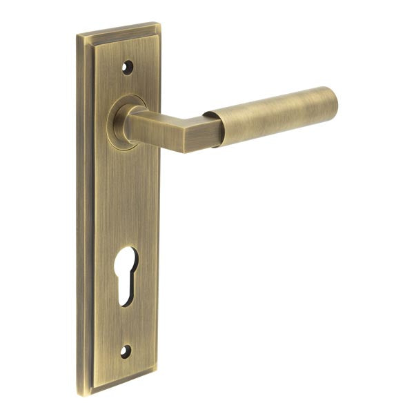 Westminster Door Handle Din Euro Backplate Antique Brass