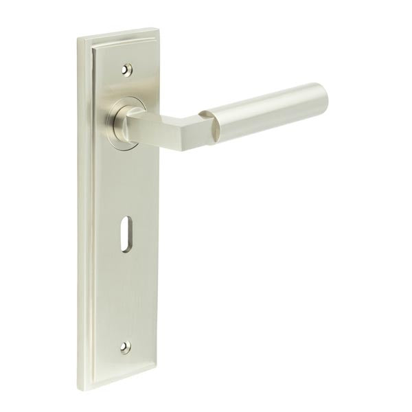 Westminster Door Handle Lock Backplate Satin Nickel