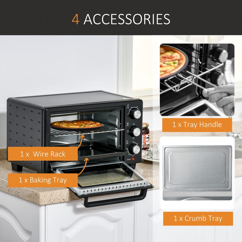 HOMCOM 21L Mini Countertop Oven, 100°C-230°C Adjustable Temp - Black