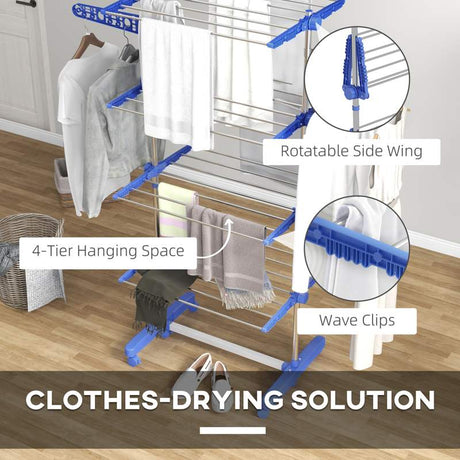 HOMCOM Four-Shelf Collapsing Clothes Horse, With Side Arms and Wheels - Blue