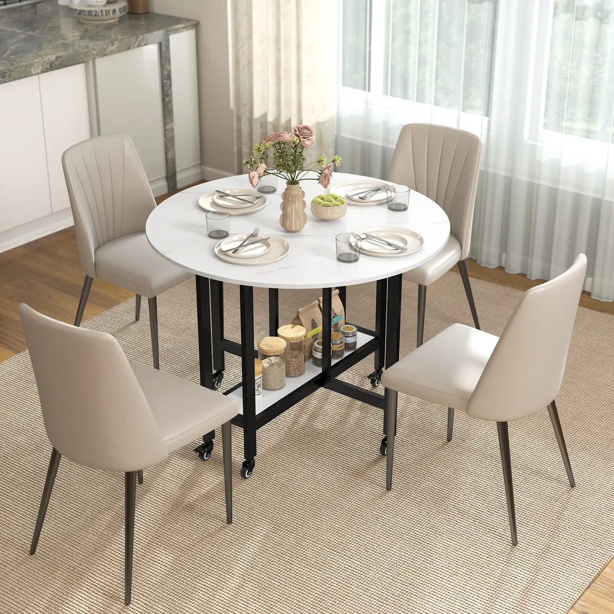 HOMCOM Folding Dining Table, Drop Leaf Table with Open Shelf, Rolling Kitchen Table for Dining Room, Small Spaces, White Marble