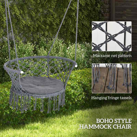 Outsunny Outdoor Hanging Rope Chair with Cotton Rope, Cotton-Polyester Blend Macrame Garden Hammock Chair with Seat Cushion, Support Backrest, for Patio, Garden, Porch, Dark Grey