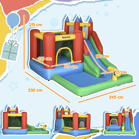 Outsunny Kids Inflatable Bouncy Castle Water Slide 6 in 1 Bounce House Jumping Castle Water Pool Gun Climbing Wall Basketball Hoop with Air Blower for Summer Playland