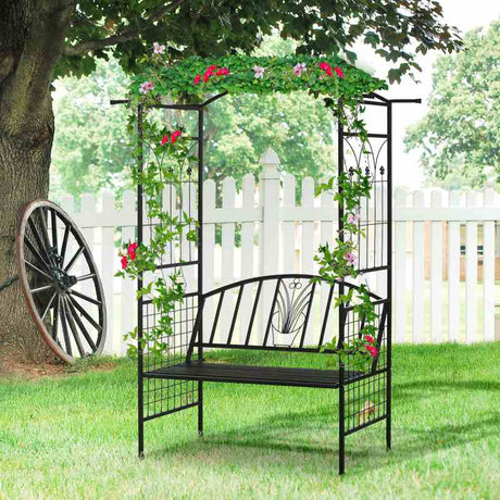 Outsunny Steel Frame Outdoor Garden Arch w/ 2-Seater Bench Flower Climber Black