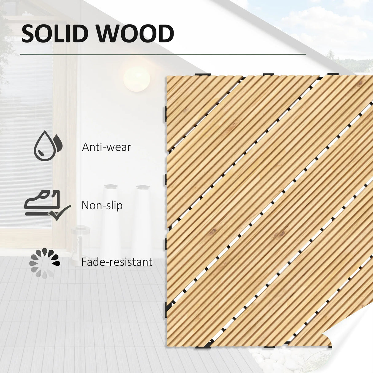 Outsunny 27 Pcs Wooden Interlocking Decking Tiles, 30 x 30 cm Anti-slip Outdoor Flooring Tiles, 0.81 per Pack, All Weather Use for Patio, Balcony, Terrace, Hot Tub, Yellow