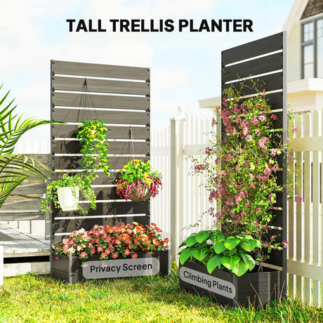 Outsunny Raised Bed for Garden, Planter with Trellis for Climbing Plants, Vines, Planter Box with Drainage Gap, Black