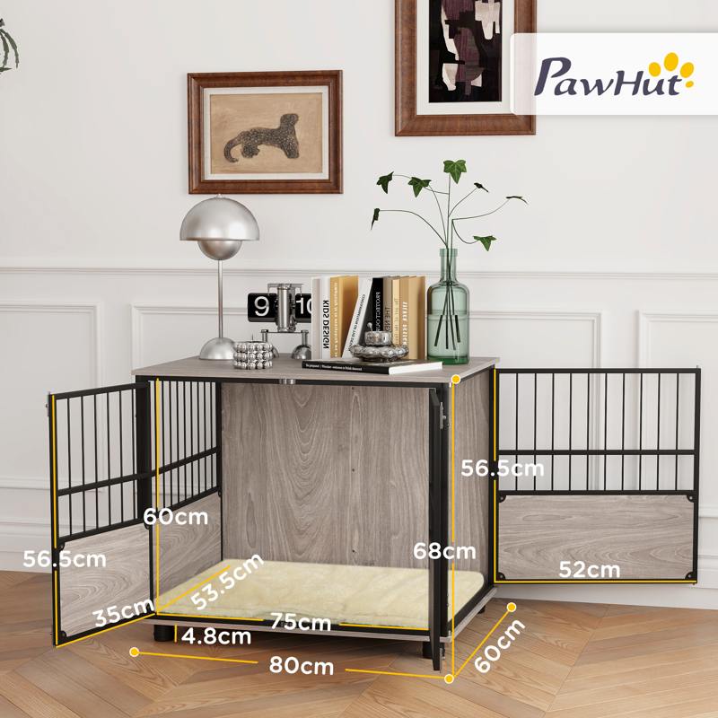 PawHut 80cm Furniture Style Dog Crate Dog Cage End Table Indoor with 3 Doors Soft Washable Cushion, for Medium Sized Dogs