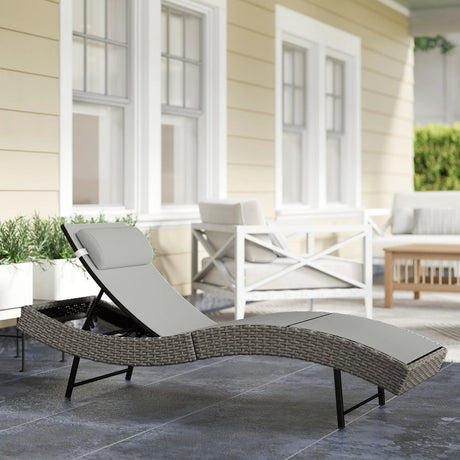 Outsunny Rattan Sun Lounger, Garden Recliner with 5 Position Adjustable Back, S Shaped Texteline Seat, Headrest, Light Grey