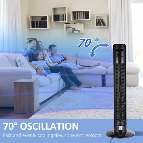 HOMCOM 38'' Freestanding Tower Fan, 3 Speed 3 Mode, 12h Timer, 70 Degree Oscillation, LED Panel, 5M Remote Controller, Black