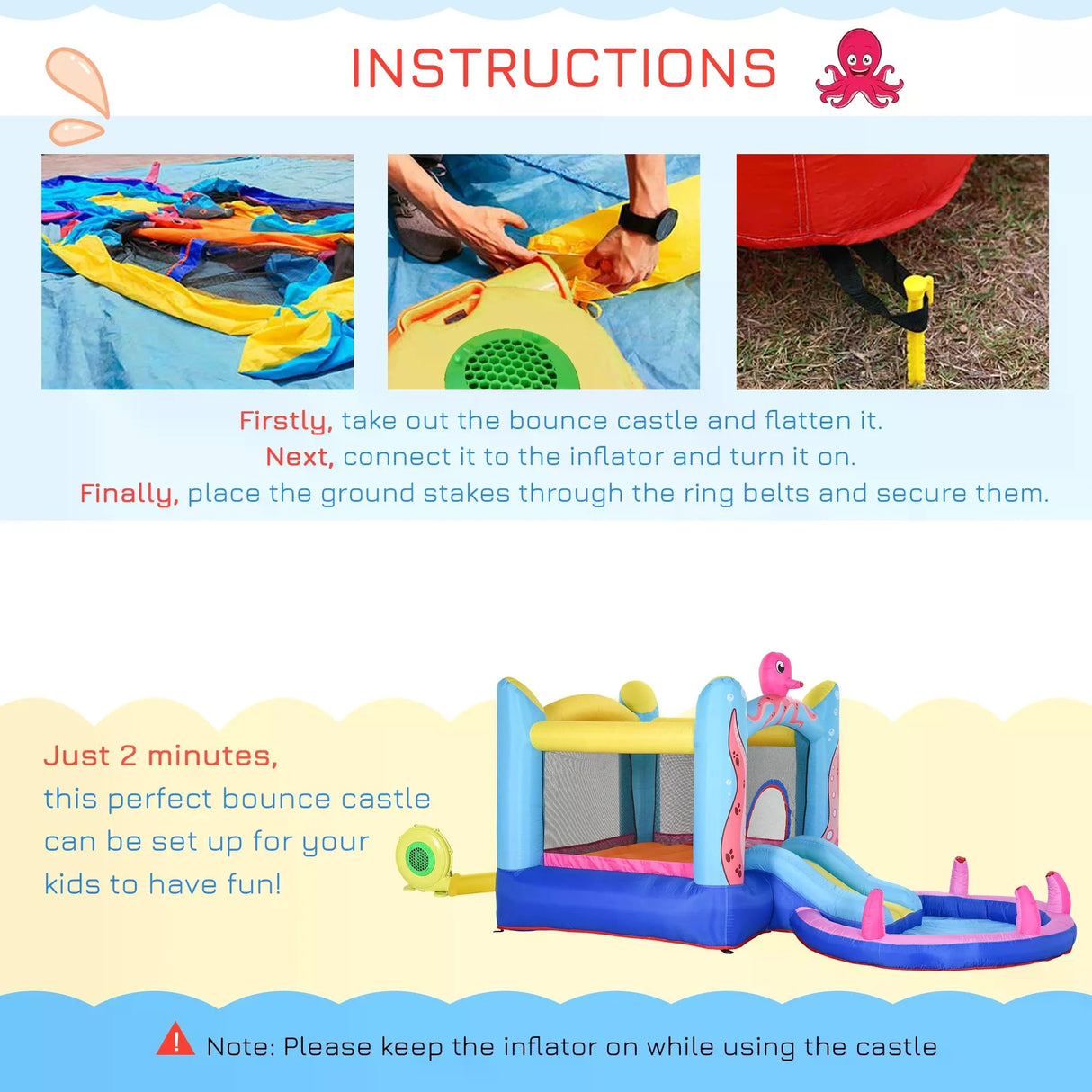 Outsunny Bounce Castle Inflatable Trampoline Slide Pool Octopus Design 3.8 x 2 x 1.8m