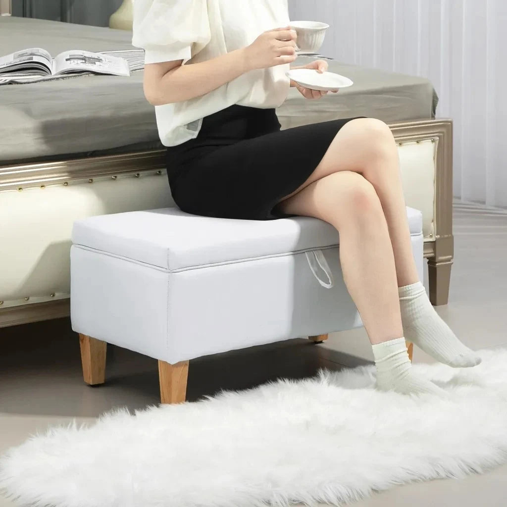 HOMCOM 30L Linen Storage Ottoman Padded Footstool with Rubberwood Legs for Storage Box, Bed End, Shoe Bench, Seating, Cream White