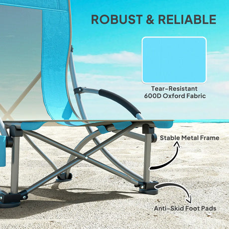 Outsunny Set of 2 Folding Beach Chair, Low Camping Chair with Mesh Back, Carry Bag and Cup Holder for Garden Outdoor Picnic Festival Travel, Blue