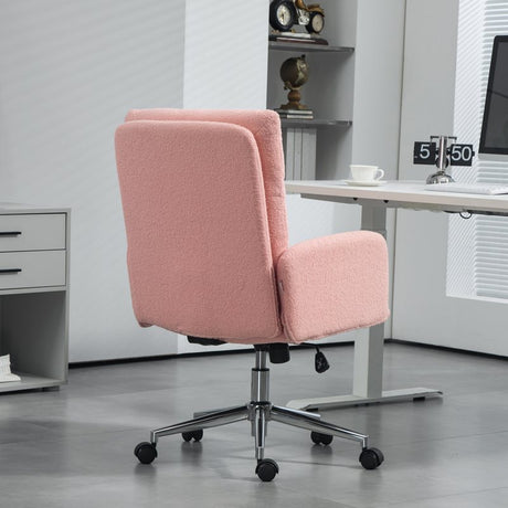 HOMCOM Home Office Chair, Upholstered Sherpa Fleece Desk Chair with Height Adjustable, Tilt Function and 360° Swivel Wheels for Home Office and Study Room, Pink