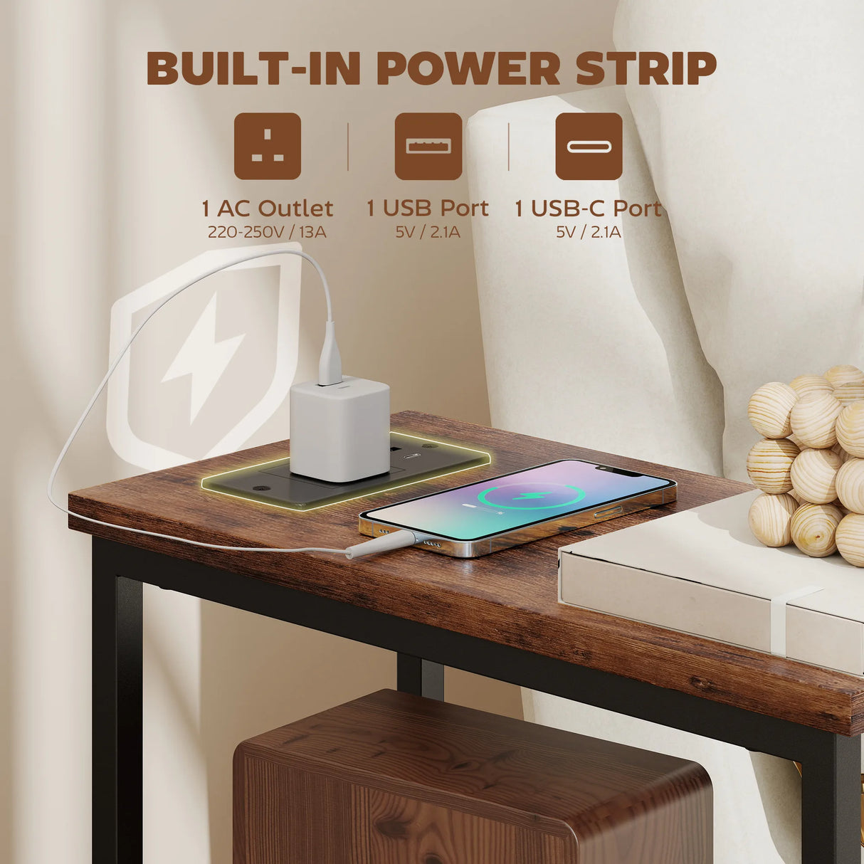 HOMCOM Side Table, Narrow Bedside Table with Charging Station, 2 Drawers, AC Outlet and 2 USB Ports for Living Room, Bedroom
