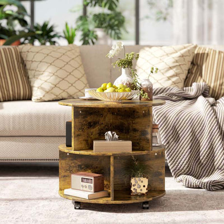 HOMCOM Round Coffee Table with Wheels, 3-Tier Rolling Side Table for Living Room with Divided Shelves, Rustic Brown