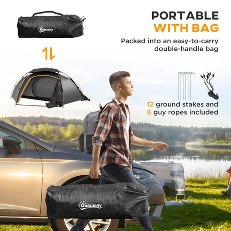 Outsunny Camping Tent with Self Inflatable Mattress, 1 Person Dome Tent with Removable Rainfly and Aluminium Frame, 2000mm Waterproof, Portable with Bags, for Fishing Hiking, Dark Grey/Khaki