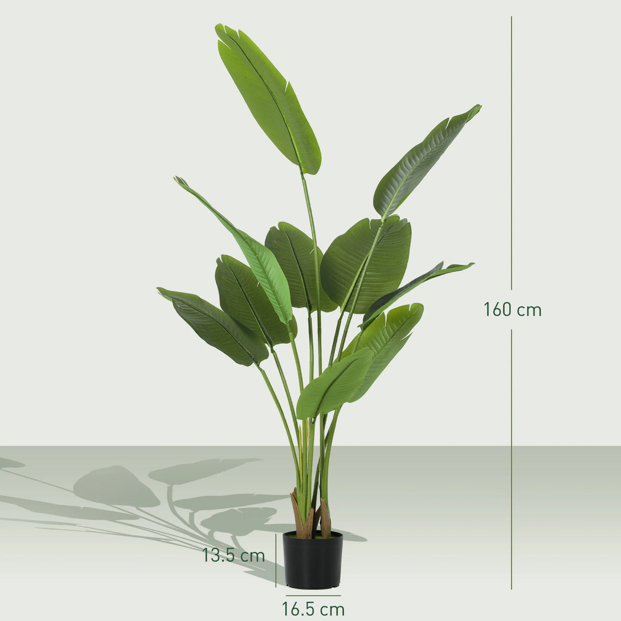 HOMCOM 160cm Tall Artificial Bird of Paradise Plant, Faux Banana Leaf Tree with PEVA Leaves and Flocking, Decorative Palm Tree in Pot for Home Office Decor, Green