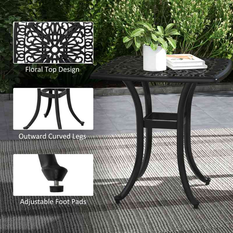 Outsunny Cast Aluminium Bistro Table, Outdoor Square Side Table with Umbrella Hole, Garden Table for Balcony, Black