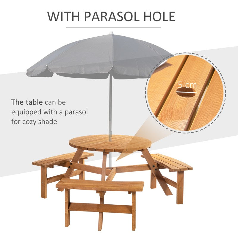 Outsunny 6 Seater Wooden Picnic Table and Bench Set Round Patio Dining Set with 3 Benches and Umbrella Hole Outdoor Garden Park, Brownish Red