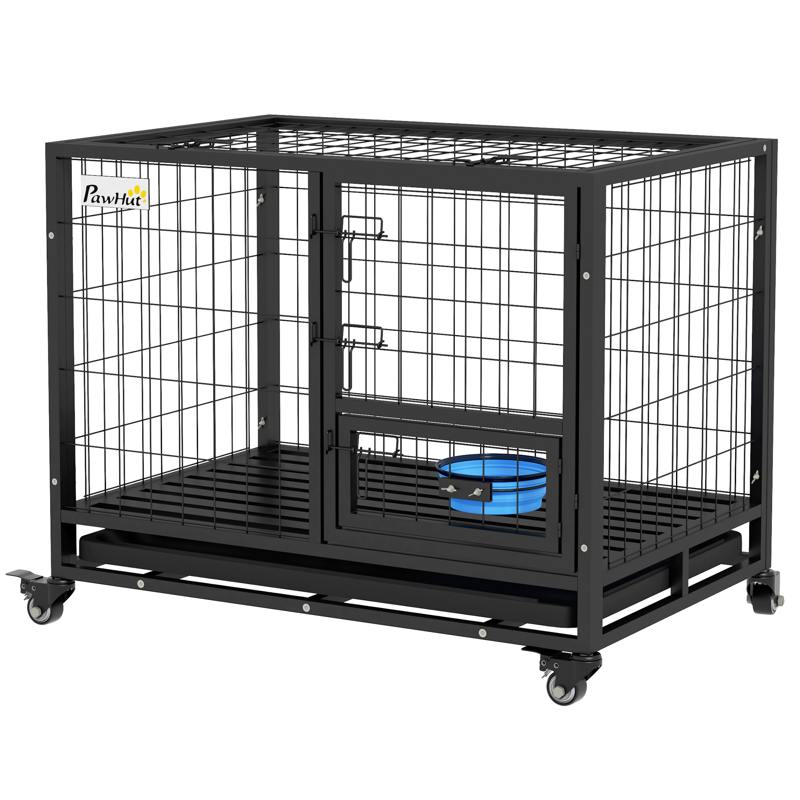 PawHut Heavy Duty Dog Crate on Wheels w/ Bowl Holder, Removable Tray, Openable Top, Detachable Door, for M, L Dogs