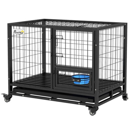 PawHut Heavy Duty Dog Crate on Wheels w/ Bowl Holder, Removable Tray, Openable Top, Detachable Door, for M, L Dogs