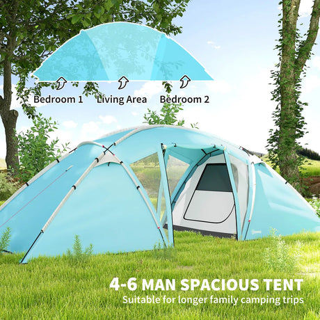 Outsunny 4-6 Man Family Camping Tent w/ 2 Bedrooms and a Living Room, Waterproof Tunnel Tent w/ Sewn In Groundsheet, Doors, Windows, Carry Bag, Blue
