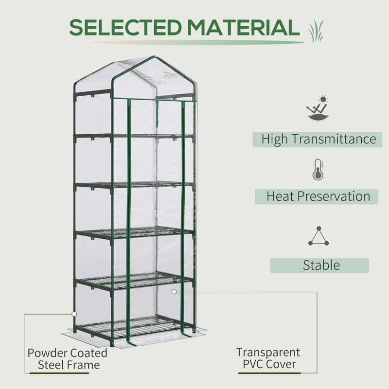 Outsunny 5 Tier Mini Greenhouse Outdoor Flower Stand Green House PVC Cover Portable Shed Metal Frame Transparent 69 x 49 x 193cm