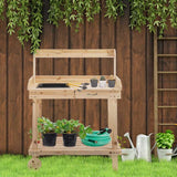 Outsunny Garden Potting Bench Table, Wooden Work Station, Outdoor Planting Workbench with 2 Wheels, Sink, Drawer & Large Storage Spaces, 92x45x119cm