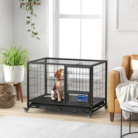 PawHut Heavy Duty Dog Crate on Wheels w/ Bowl Holder, Removable Tray, Openable Top, Detachable Door, for L, XL Dogs