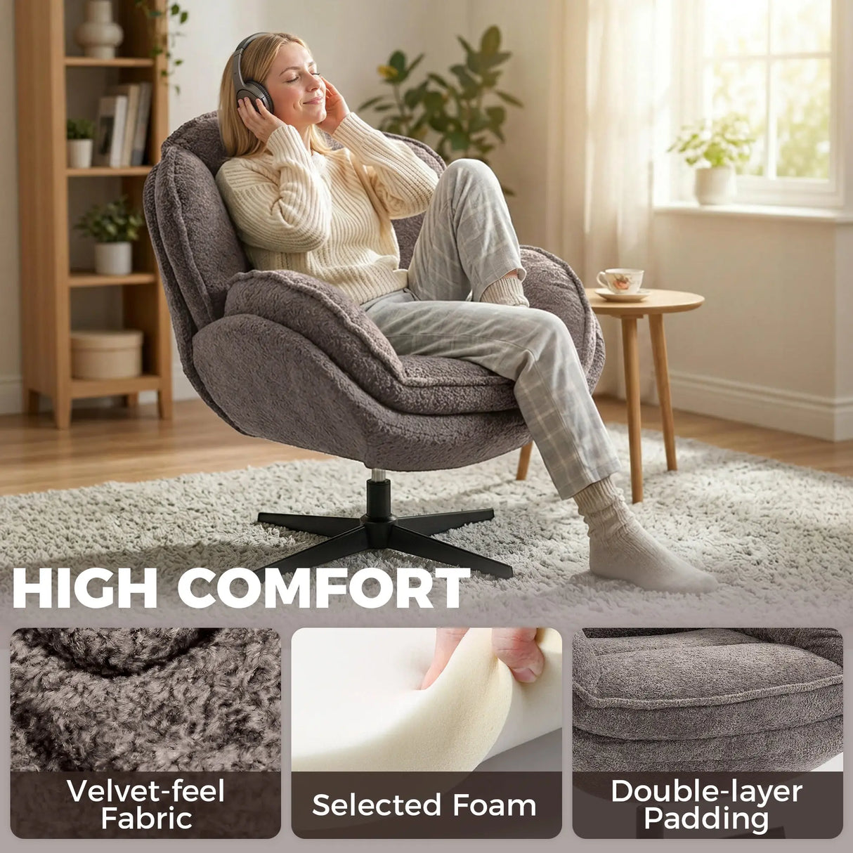 HOMCOM Modern Wingback Accent Chair, Velvet Armchair with Four-Star Base, S-Springs, Swivel, Grey