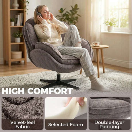 HOMCOM Modern Wingback Accent Chair, Velvet Armchair with Four-Star Base, S-Springs, Swivel, Grey