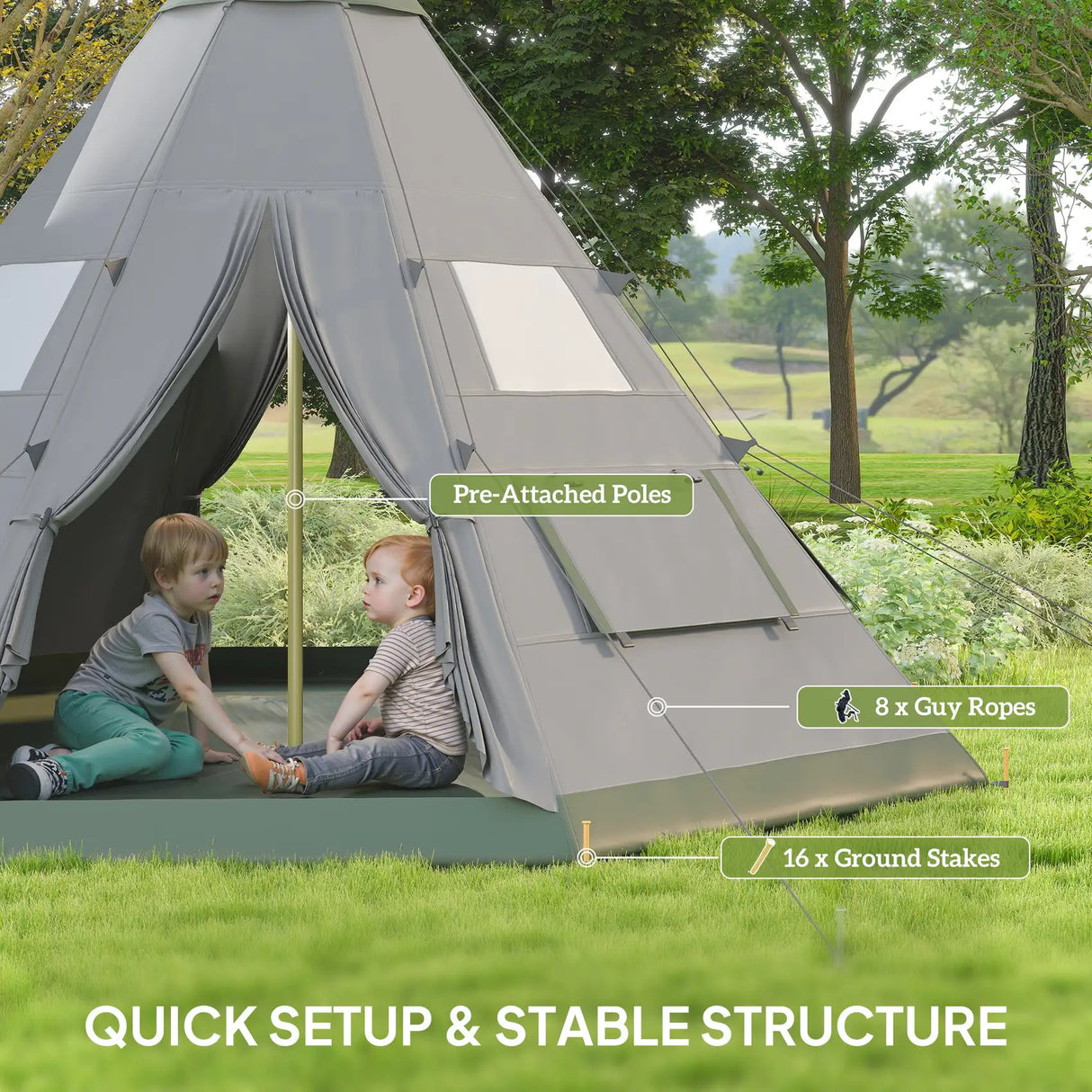 Outsunny 6 Men Tipi Tent with Carry Bag - Grey
