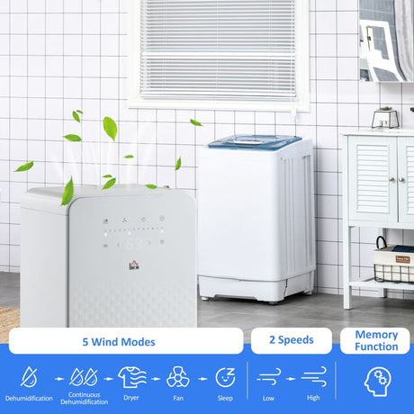 HOMCOM 2000mL Portable Dehumidifier with Air Purifier, 24H Timer, 5 Modes, 10L/Day, for Home Laundry, White