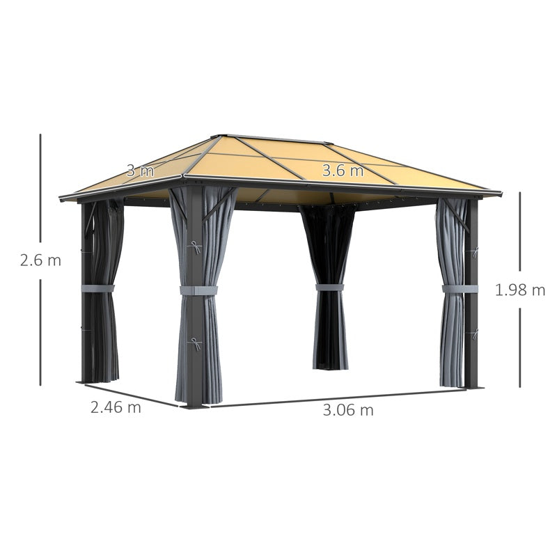 Outsunny 3 x 3.6m Garden Aluminium Gazebo Hardtop Roof Canopy Marquee Party Tent Patio with Mesh Curtains & Side Walls - Grey