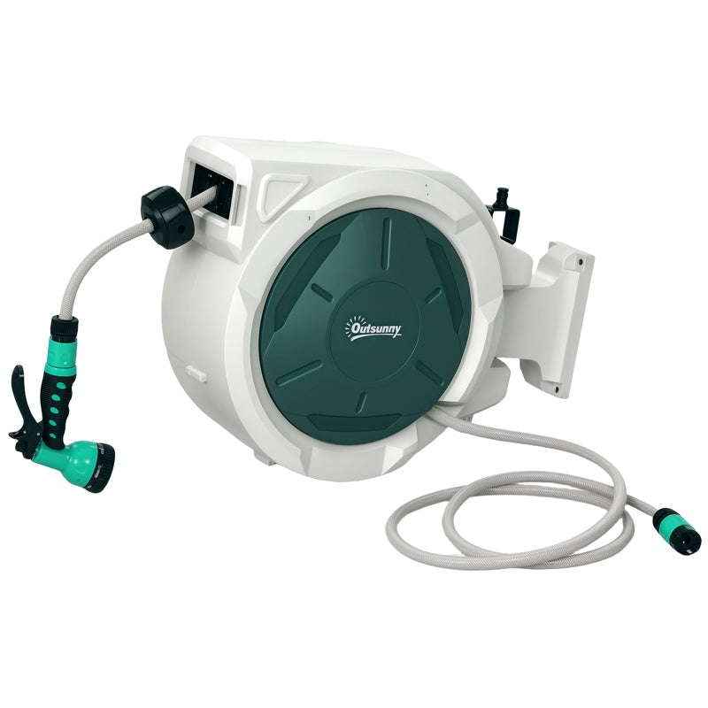 Outsunny Retractable Hose Reel Wall Mounted, 30+2m Garden Hose Pipe Reel with Lock, Auto Rewind, 7 in 1 Spray Nozzle, Includes Wall Fixings, 180° Swivel, Outdoor Watering, Grey