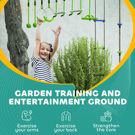 AIYAPLAY Obstacle course for Kids, with 10-Piece Slackline Kit with Monkey Bars, Gym Rings, Rope Ladder, Nest Swing, Hanging Tray