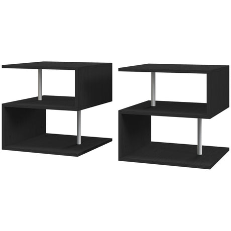 HOMCOM Wooden S Shape Cube Coffee Table 2 Tier Storage Shelves Organizer Office Bookcase Living Room End Desk Stand Display Set of 2 (Black)