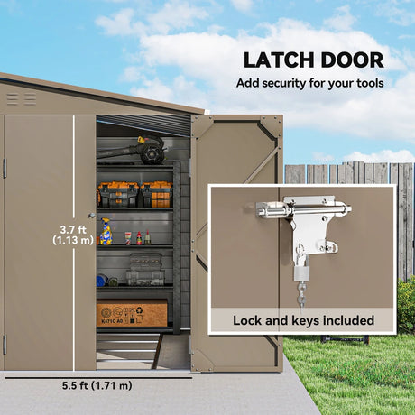 Outsunny 5 x 9ft Galvanised Metal Garden Shed with Foundation Kit, Outdoor Lean-to Shed, Tool Storage House with Lockable Doors, Gloves and 2 Air Vents for Patio, Garden, Brown
