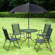 Outsunny 6 Piece Garden Dining Set with Umbrella, Patio Sets with Parasol with 4 Folding Dining Chairs & Round Tempered Glass Table, Black