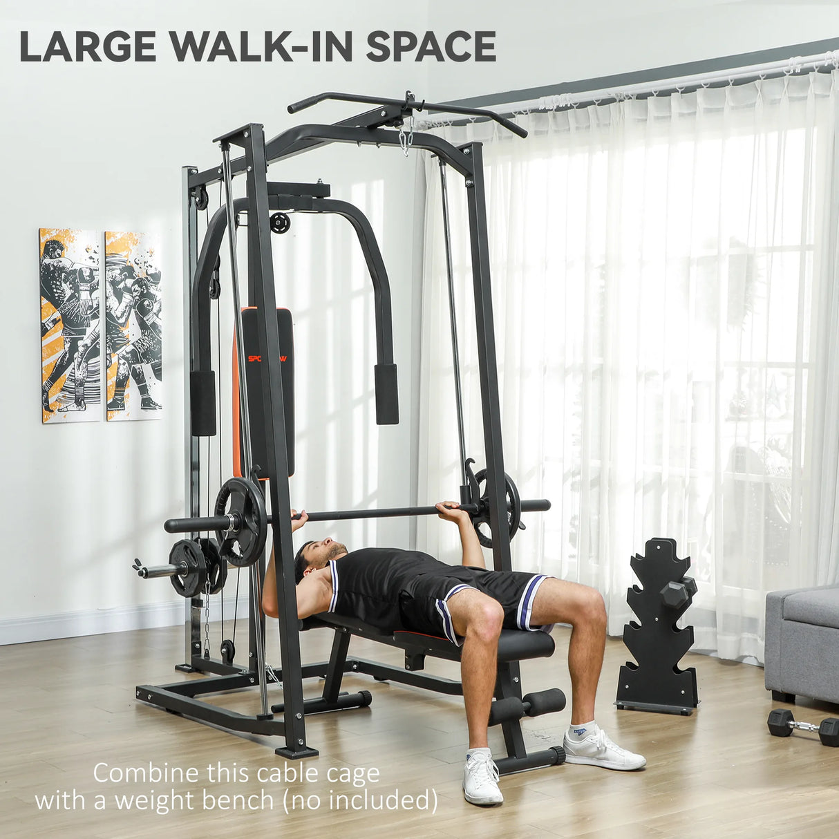 SPORTNOW 3-in-1 Smith Machine with Dual Cable Pulley System, Chest Press Station, 17-Level Squat Rack and Barbell Bar
