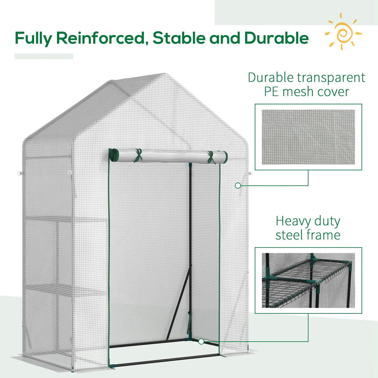Outsunny Walk In Greenhouse with 2 Tier Shelf, Portable Gardening Plant Grow House Tomato Greenhouse with Roll up Zip Panel Door, Reinforced PE Cover, 143 x 73 x 195cm, Green