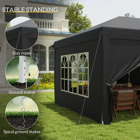 Outsunny 3 x 6 m Pop Up Gazebo with Sides and Windows, Height Adjustable Wedding Camping Party Tent Canopy Marquee with Storage Bag for Garden, Event, Black