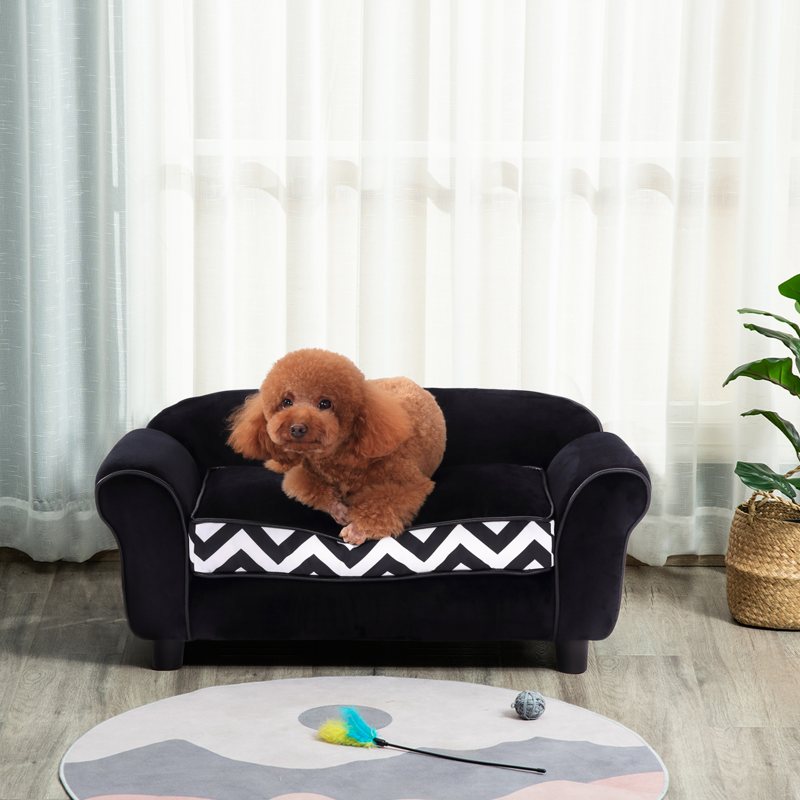 PawHut Dog Sofa Bed for XS-Sized Dogs, Cat Sofa with Soft Cushion, Pet Chair Lounge with Washable Cover, Removable Legs, Wooden Frame - Black