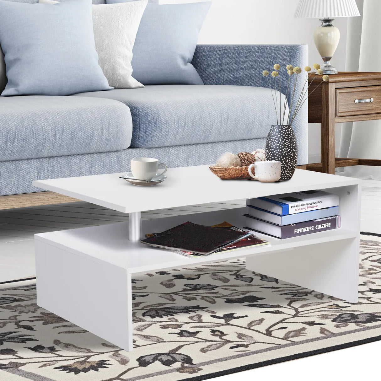 HOMCOM Coffee Table with Storage, 2-Tier Centre Table, Modern Living Room Table with Open Shelf and Aluminium Poles, White